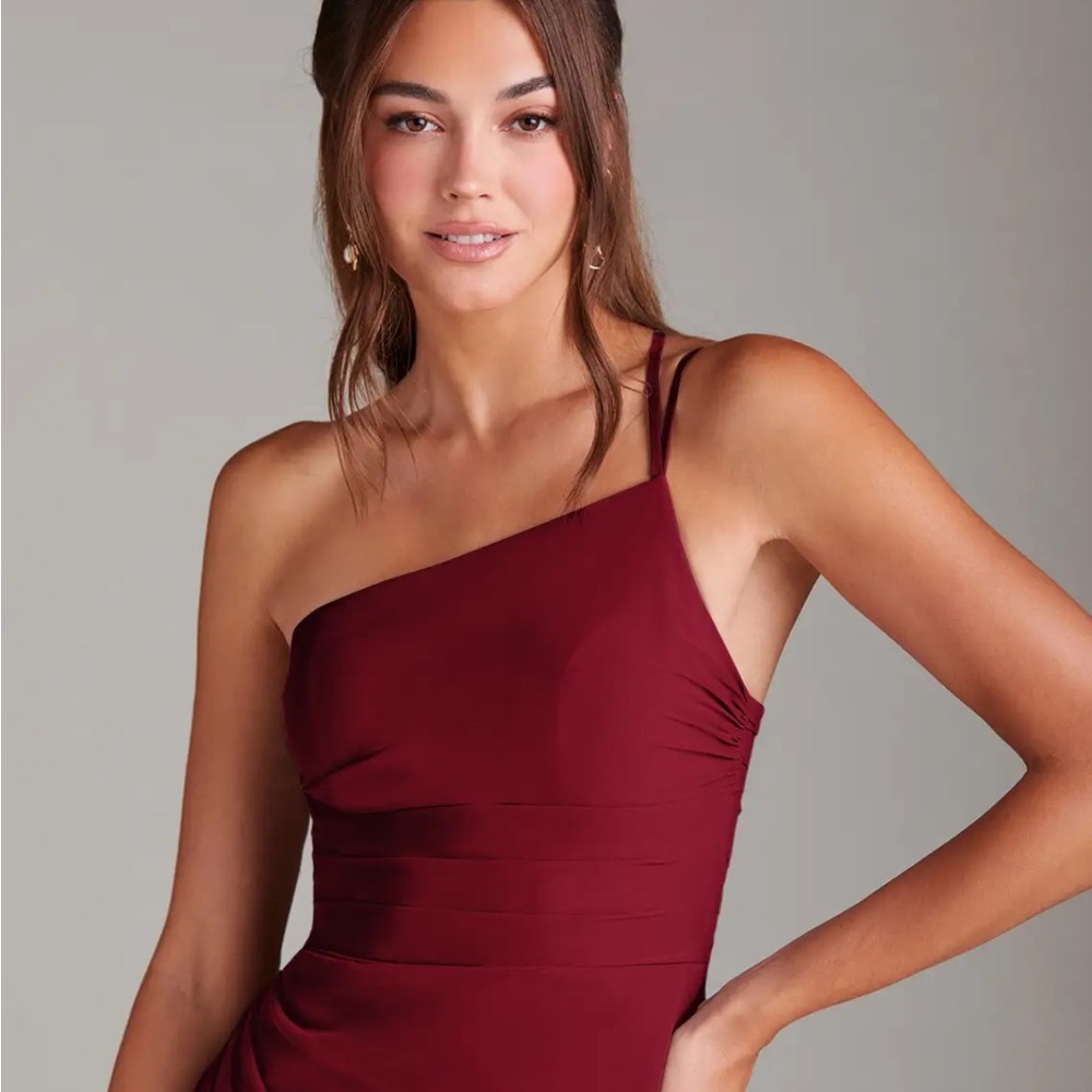 Azazie Eren- Burgundy Sheath One Shoulder Chiffon Dress - Picture 4 of 5